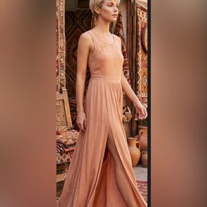 Knot Sisters Celestial Embroid Overall Maxi Dress Peach Covered Button Back S